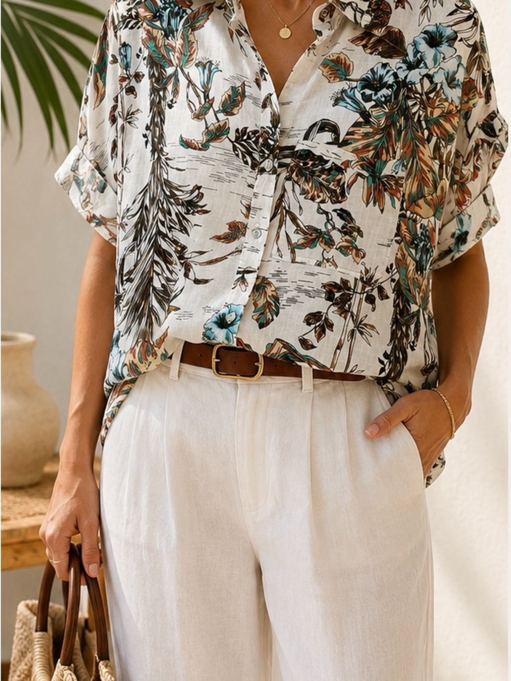 Elie Tahari 100% Linen Botanical Print Button-Down Shirt – Size M